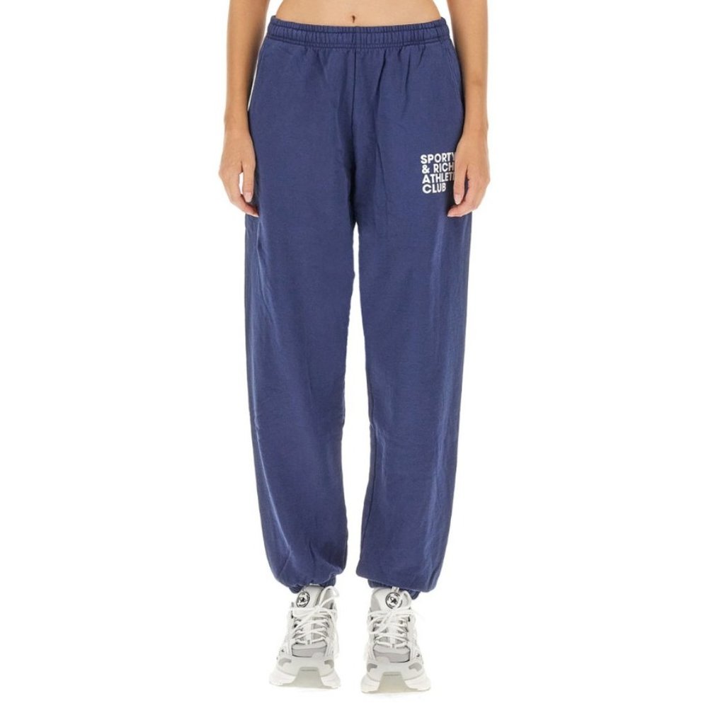 Sporty & Rich Athletic Club Printed Jogger Sweatpants Pull On Fleece Navy Medium